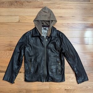 DOMA Black Leather Jacket Removable Hoodie Women Size Large Moto Biker